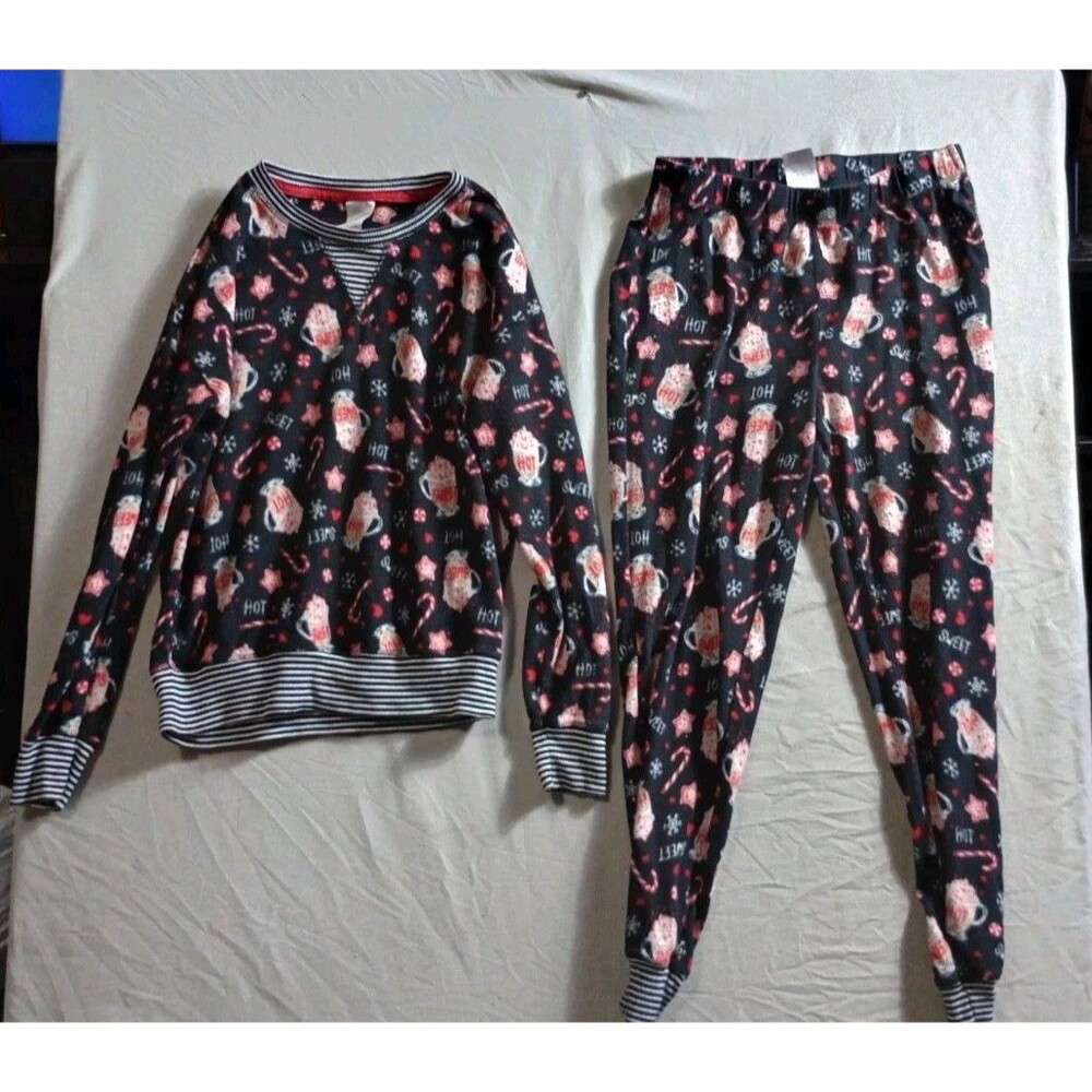 Womens Minky Soft Black Hot Cocoa Holiday Jogger Pajamas Sleep Set Sz S